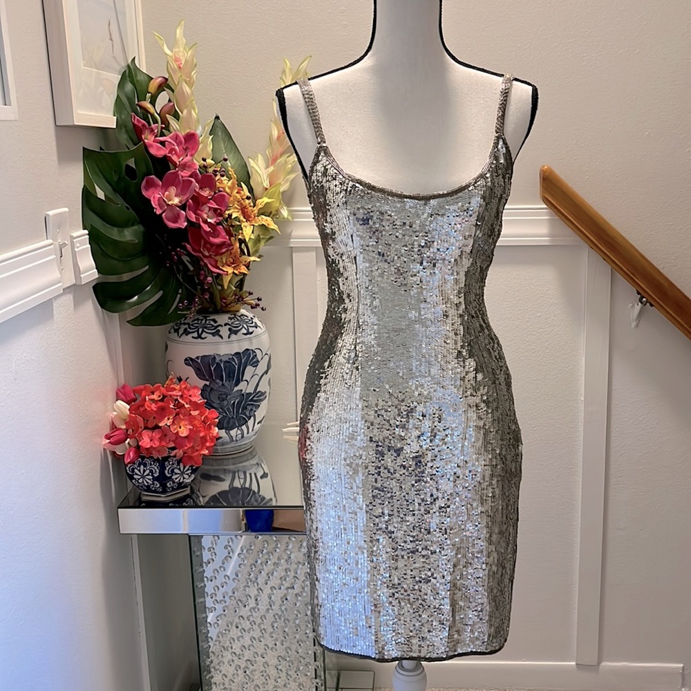 VINTAGE Paris Full Sequin & Glass Bead silver cocktail dress - Small